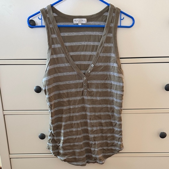 Michael Stars Tops - Michael Stars Olive and Light Gray Striped Henley Tank